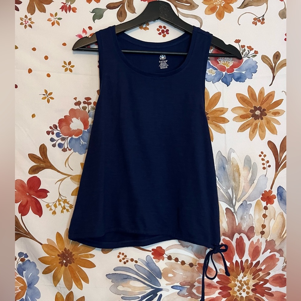 NWT Gaiam Women XS Tank Side Tie Dark Blue Loose Fit Cinch Waist Workout Active
